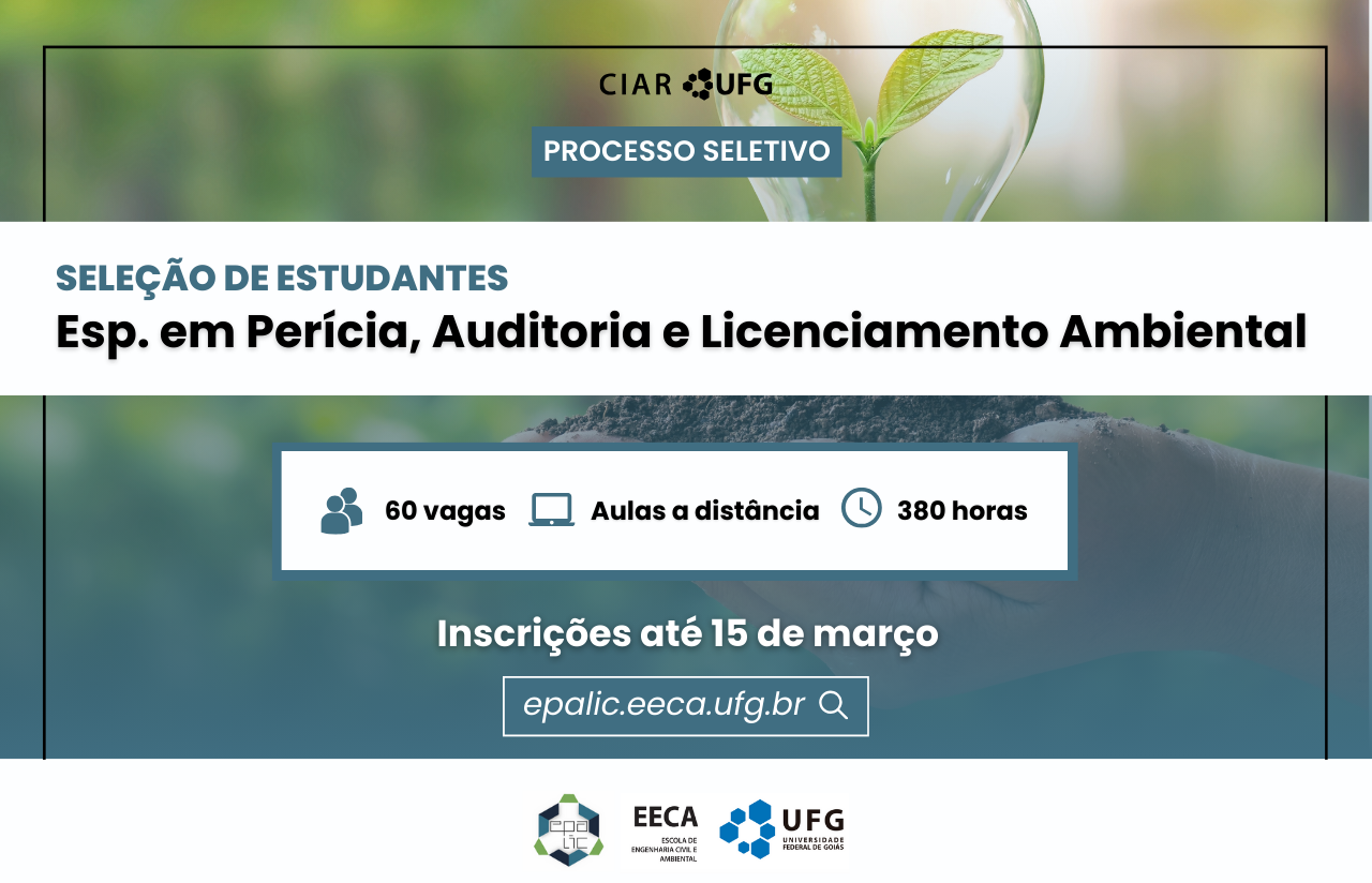 Texto na imagem: Seleção de Estudantes - Especialização em Perícia, Auditoria e Licenciamento Ambiental - inscrições até 15 de março